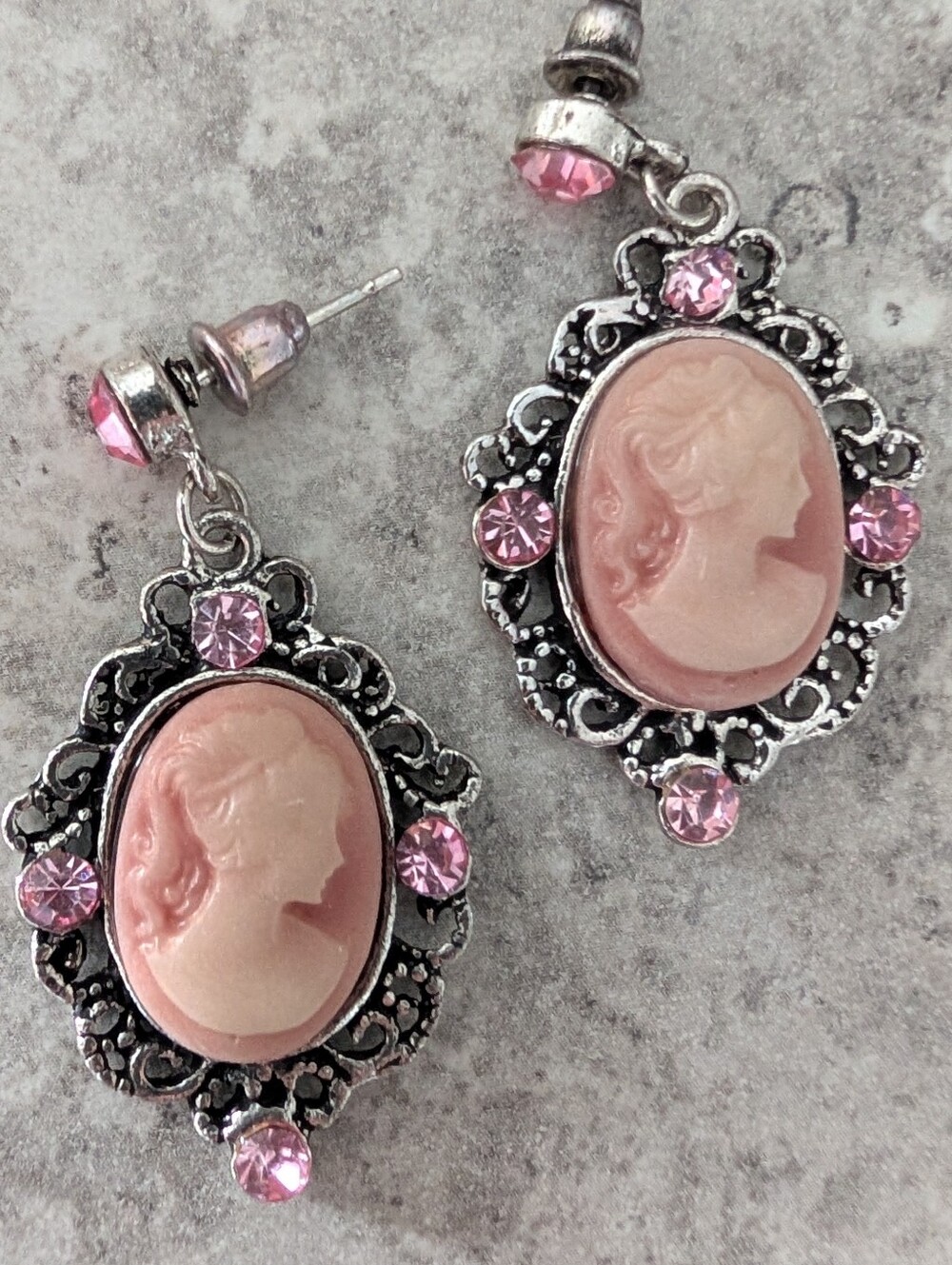 Vintage-Inspired Pink Cameo Stud Drop Earrings